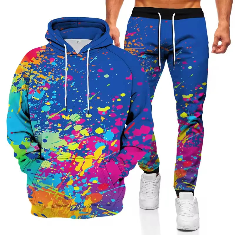 Ink graffiti style 3D printed autumn hoodie and sweatpants set for men, streetwear-inspired ShineOn Fulfillment tracksuit.