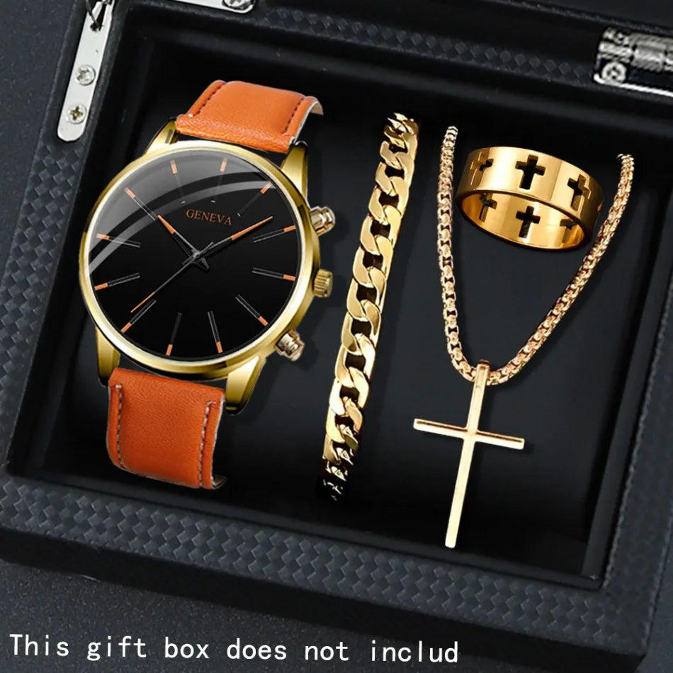 Set of four casual men's quartz watches with PU leather straps by Memories but Unique, ideal gift for men.