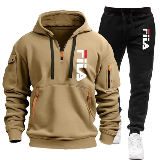 Two sets of men's sportswear from Memories but Unique, featuring zippered hooded sweatshirt and sweatpants for casual fitness and jogging.