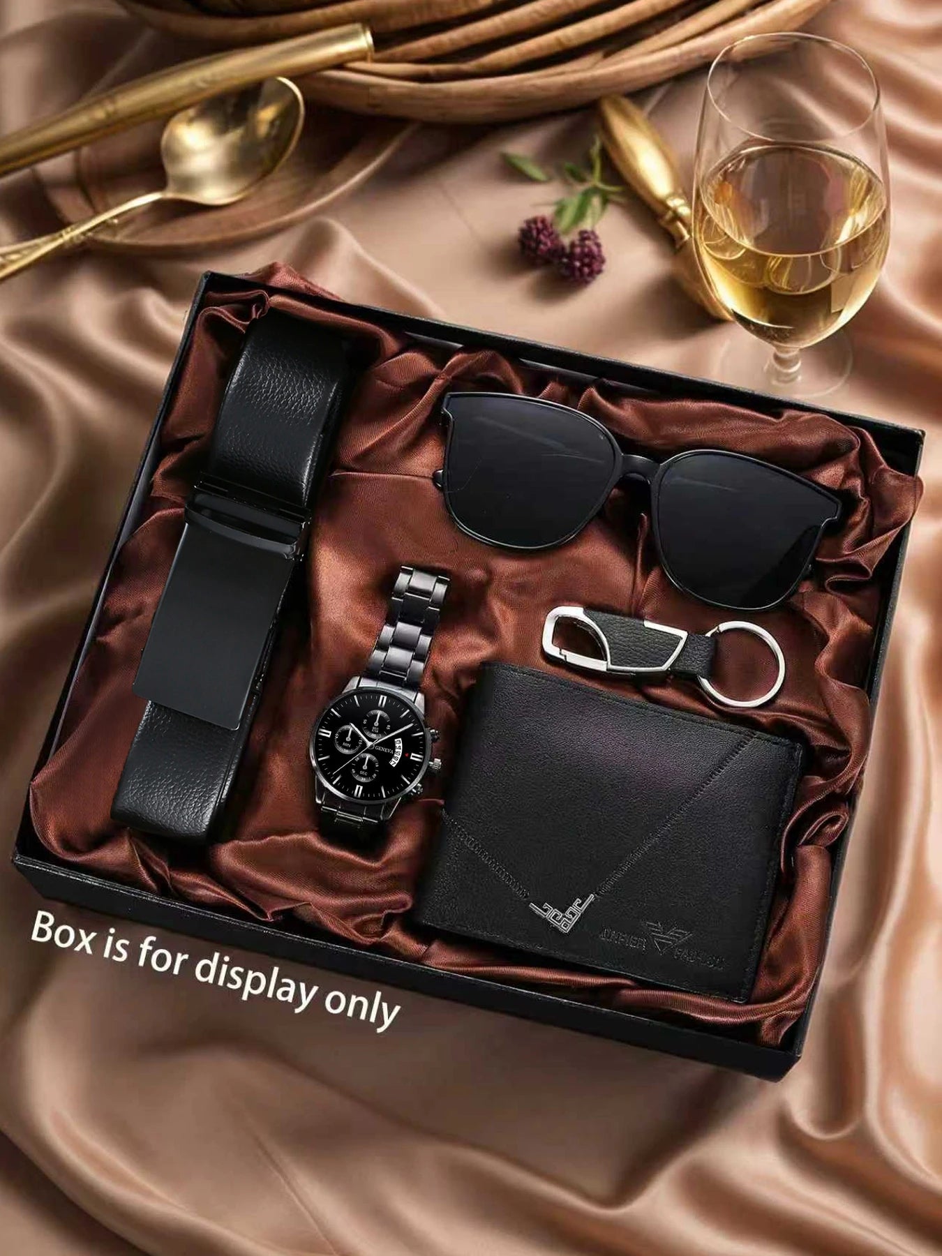 Memories but Unique men's gift set including wallet, belt, quartz watch, and sunglasses, ideal for Father's Day or men's gift.