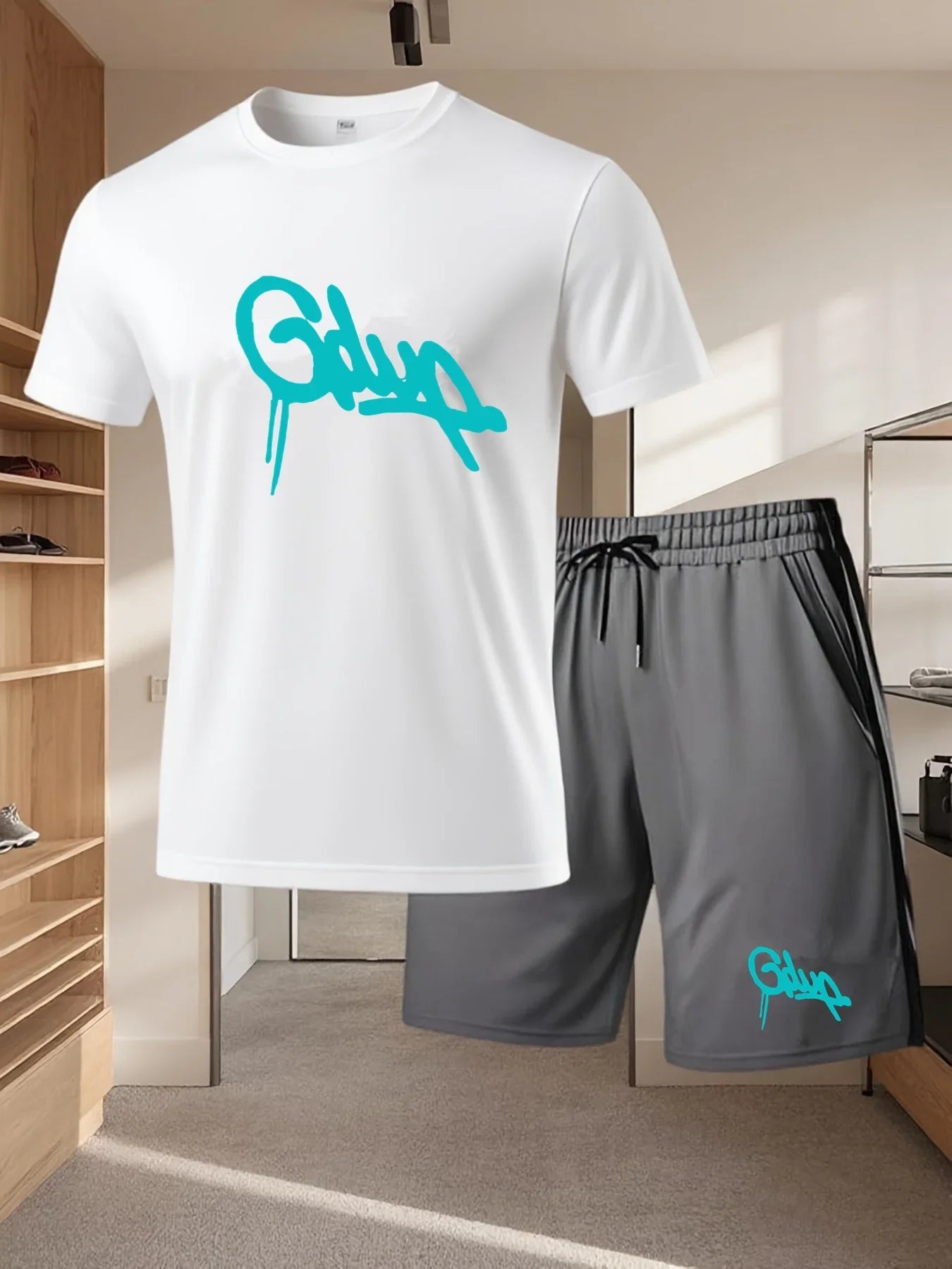 Memories but unique men's casual sports shorts and short sleeve T-shirt set, breathable and retro-style two-piece outfit.