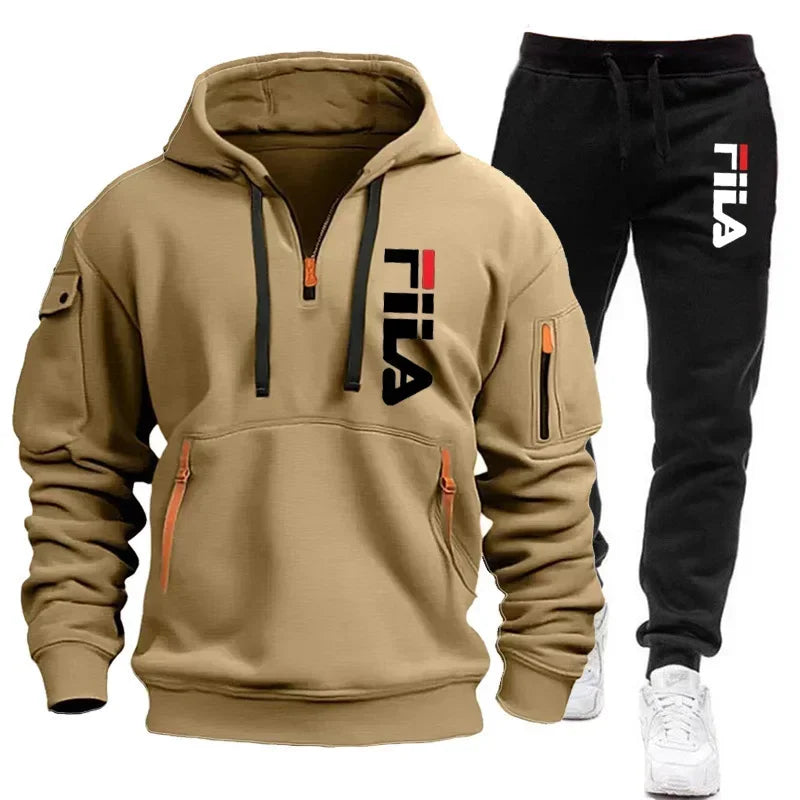 Men's sporty zip-up hoodie and sweatpants set by Memories but Unique, casual fitness and jogging athleticwear.