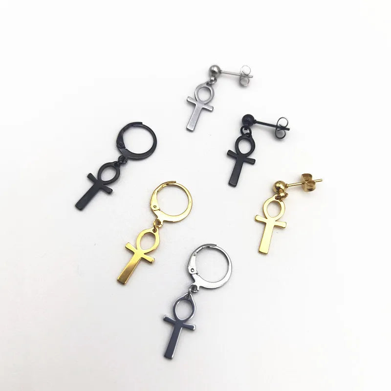Men's and women's black stainless steel Ankh cross earrings with Egyptian Cleopatra design, unisex jewelry by Memories but Unique.