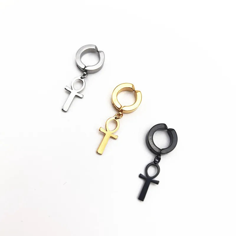 Mens and womens WKOUD Ankh Cross earrings in antiqued black stainless steel with Egyptian Cleopatra design, unisex Egyptian jewelry.