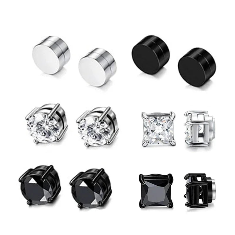 Pair of black magnetic ear studs featuring a cross design, non-piercing jewelry set for men by Memories but Unique.