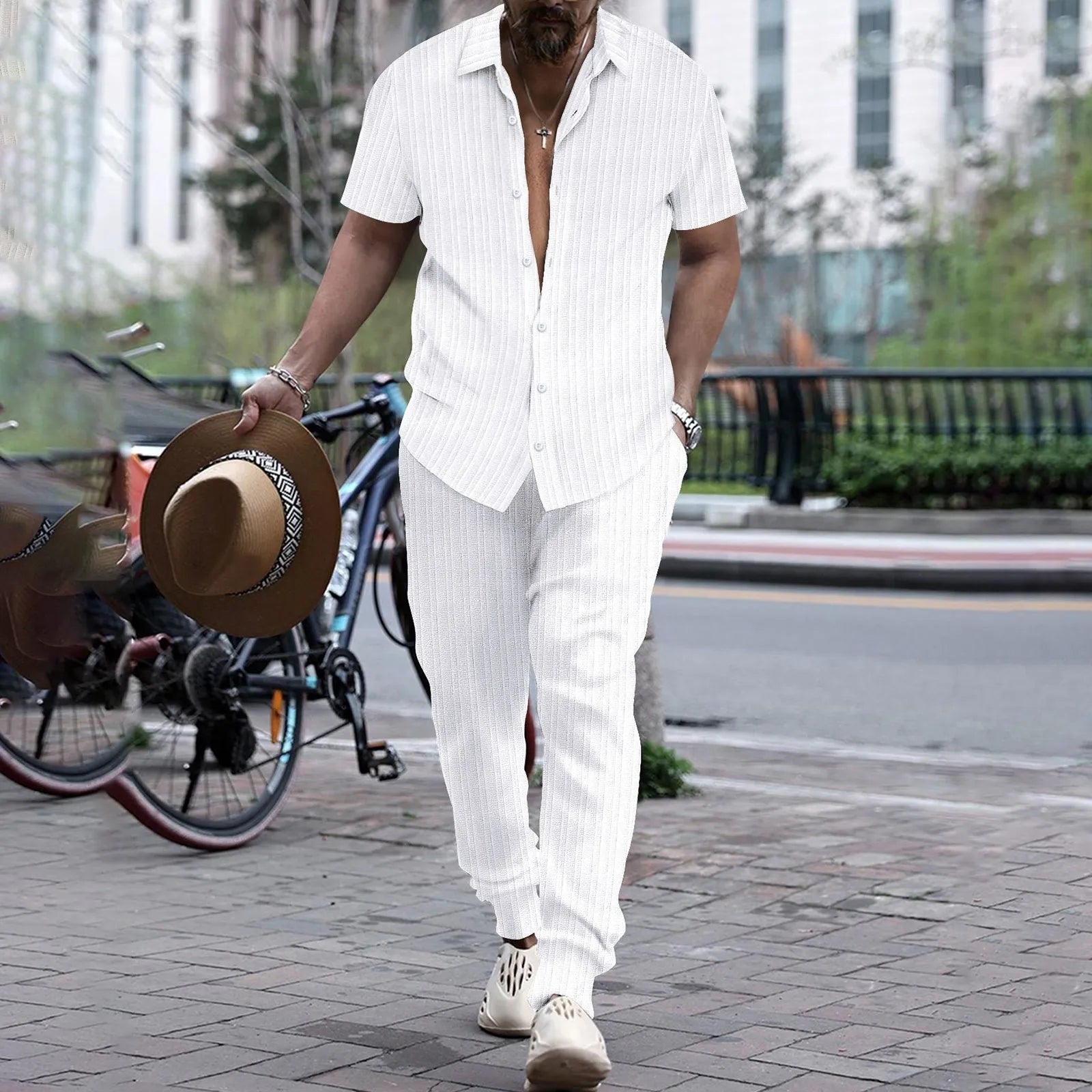 Casual men's short sleeve shirt and beach pants two-piece set by Memories but Unique, summer fashion clothing for men.