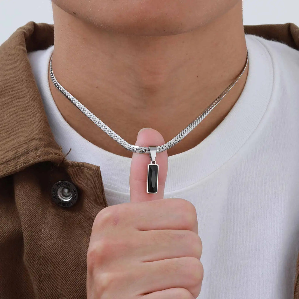 Stylish men's geometric stone pendant necklace with stainless steel Cuban chain, hip hop jewelry gift for him or boys.