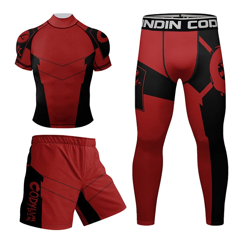 Four-piece men's BJJ rashguard set by Memories but Unique featuring grappling compression shirts and pants for sports and training.
