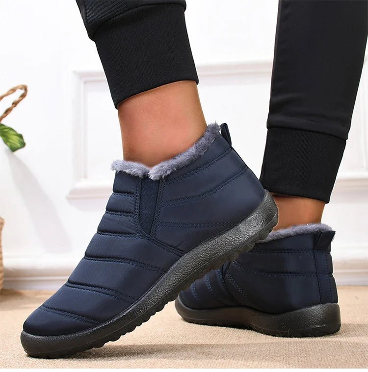 Men's waterproof winter ankle boots by Memories but Unique with fur lining, slip-on snow boots, warm casual shoes for cold weather.
