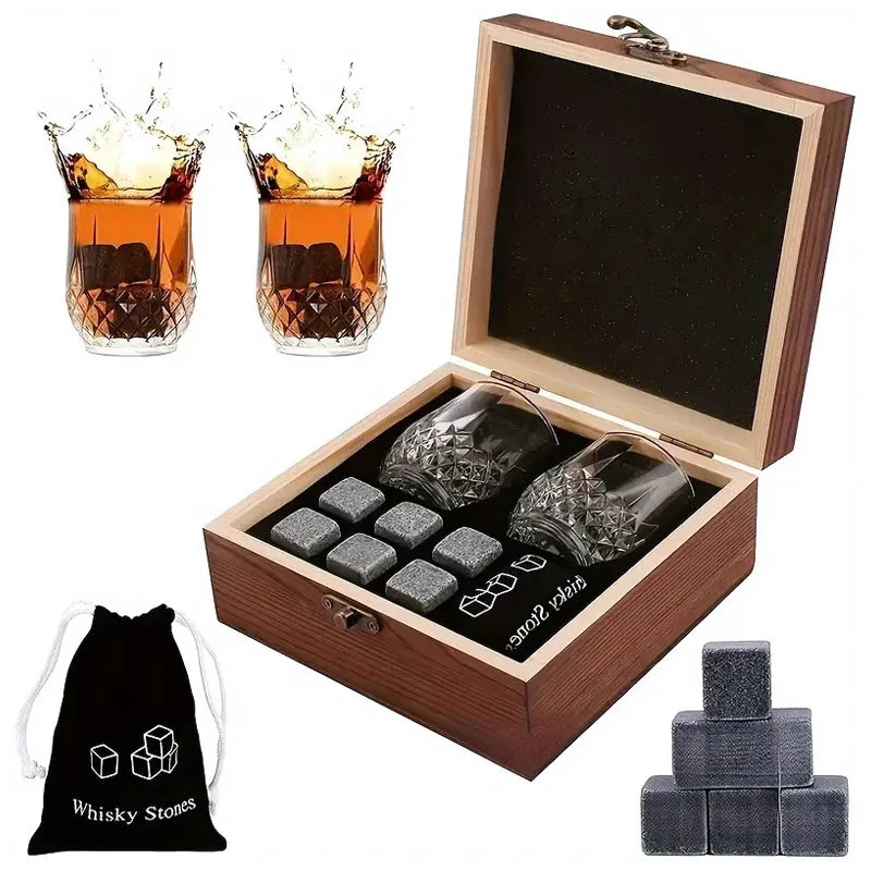 Memories but Unique whiskey stones set with 8 granite ice cubes, 2 glasses, in a wooden box, ideal Father’s Day gift for men.