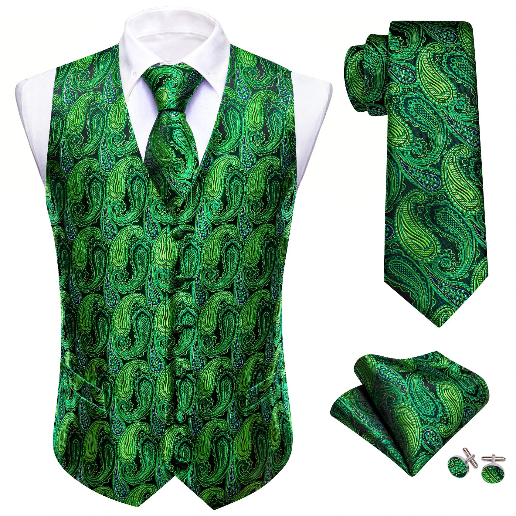 Barry.Wang 100-color silk men’s vest tie hanky cufflinks set featuring paisley floral jacquard waistcoat for wedding or business wear