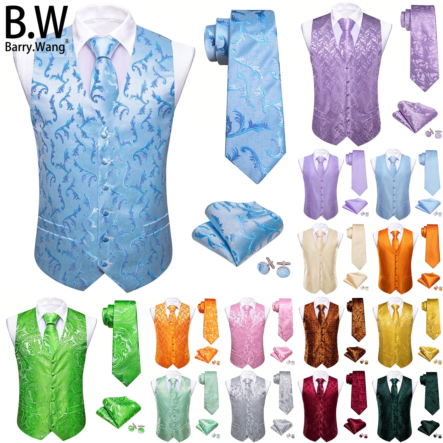 Barry.Wang 100-color silk men’s waistcoat vest set with paisley floral tie, hanky, and cufflinks for wedding or business attire.