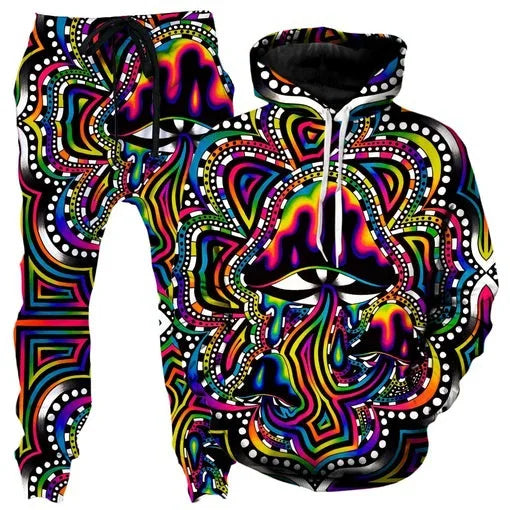 Colorful abstract mandala 3D print hoodie and sweatpants set for men, featuring vibrant patterns and comfortable outdoor wear.