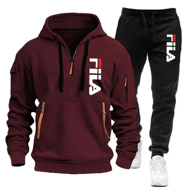 Two sets of Memories but Unique men's sportswear including zippered hooded sweatshirt and sweatpants for casual fitness and jogging.