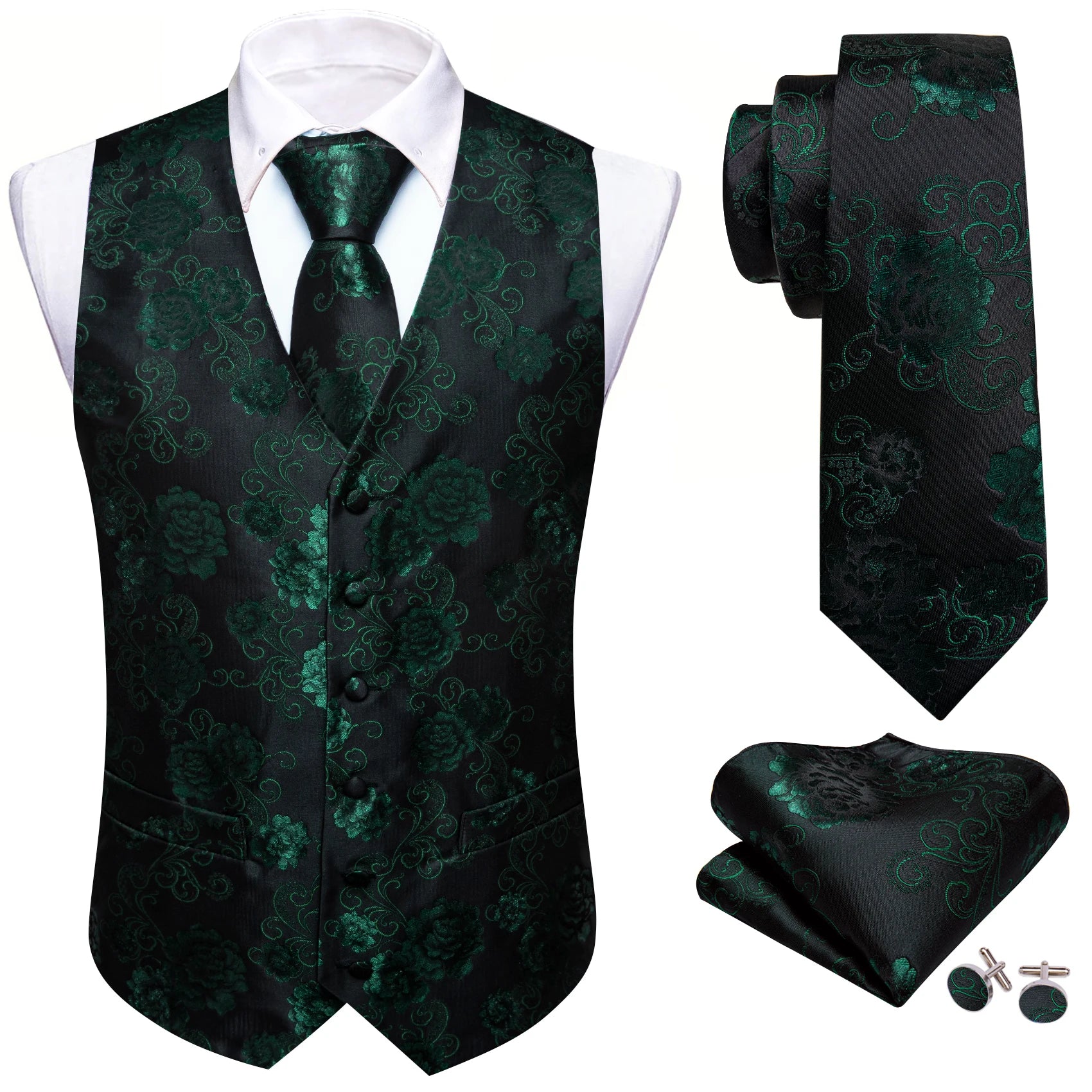 Barry.Wang 100-color silk men's vest tie hanky cufflinks set with paisley floral jacquard waistcoat for wedding or business attire