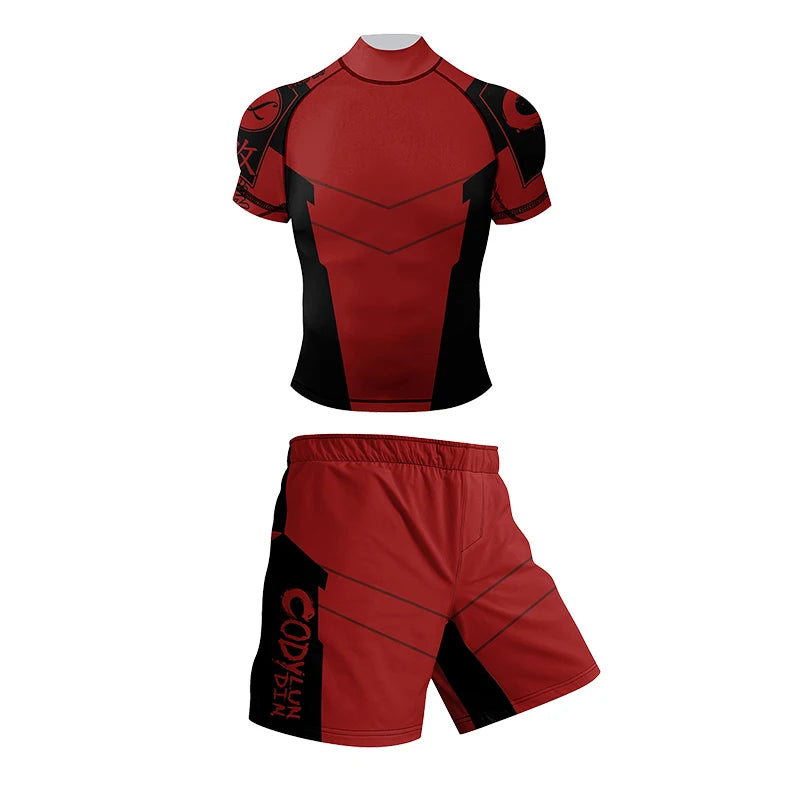 Men's 4-piece BJJ rashguard set by Memories but Unique, includes compression shirts and pants for grappling and martial arts training.