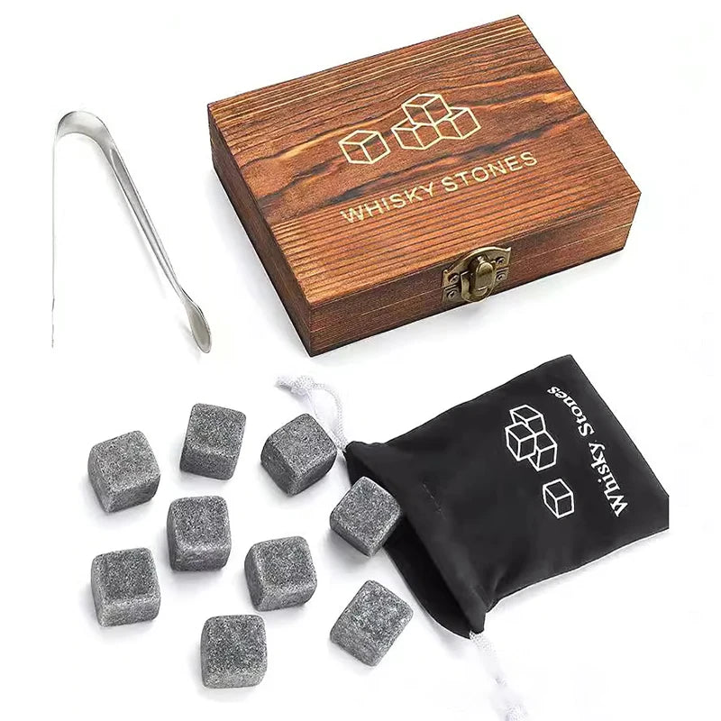 Memories but Unique whiskey stones set with 8 granite ice cubes, 2 glasses, in a wooden bottle box, perfect for Father's Day gift.