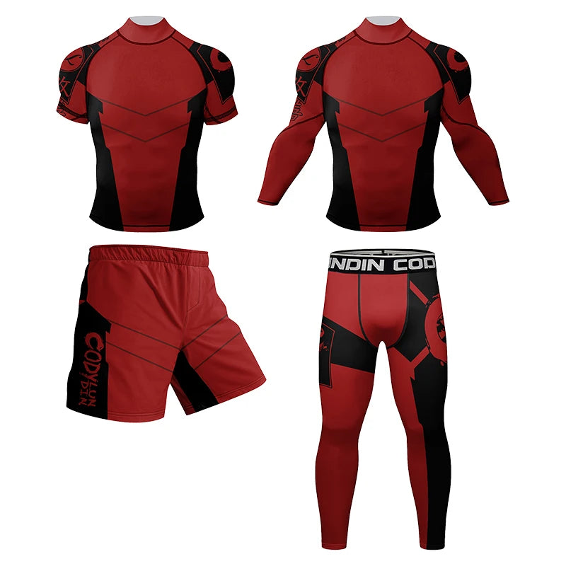 Four-piece BJJ rashguard shirts and compression pants set for men, designed for grappling and martial arts training by Memories but Unique.
