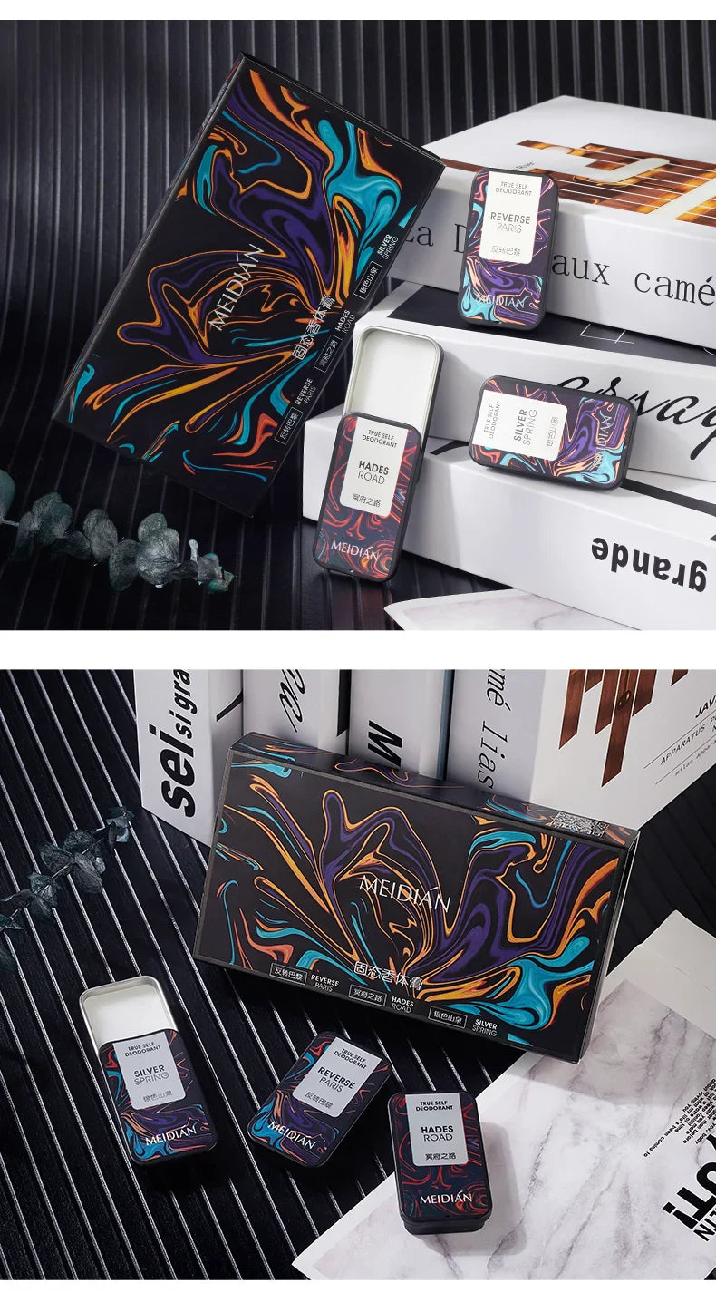 Memories but Unique 3-piece men's fragrance set with woody, fresh notes, elegant design, long-lasting scent for gifting.