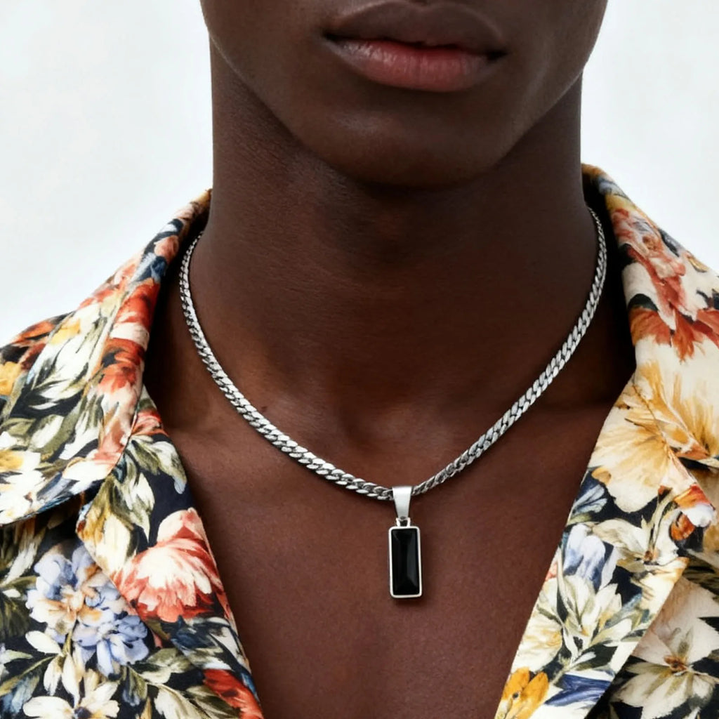 Stylish men's geometric stone pendant necklace with stainless steel Cuban chain, hip hop jewelry gift for him or boys.