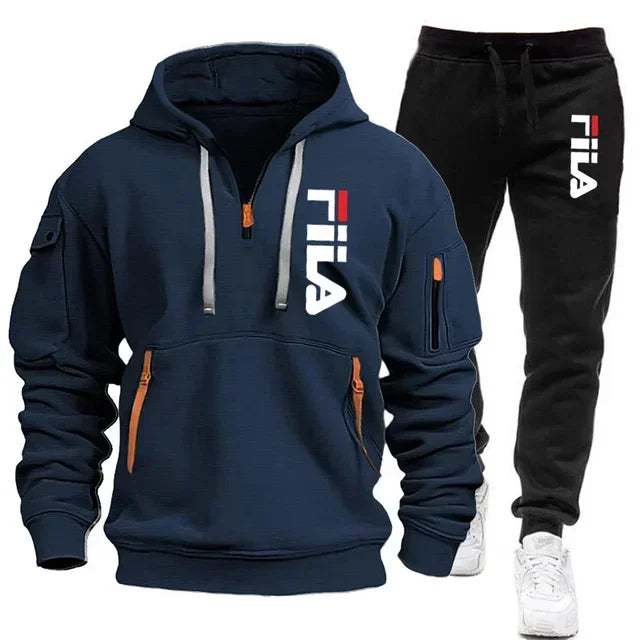 Two sets of Memories but Unique men's sportswear including zippered hooded sweatshirt and sweatpants for casual fitness and jogging.