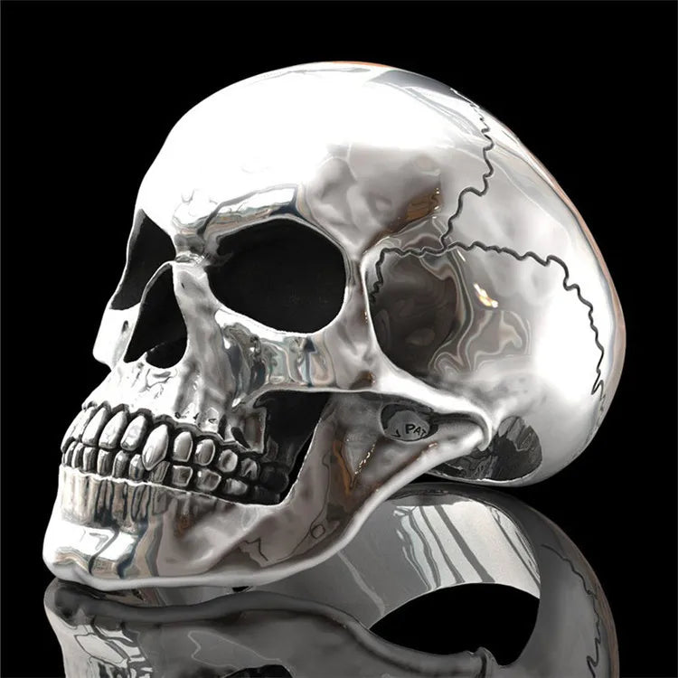 Memories but Unique gothic men's skull head ring featuring a detailed metal skull design, perfect for punk and biker fashion accessories.