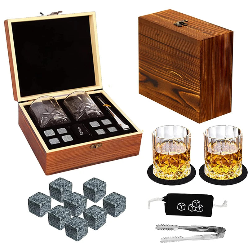 Set of 8 granite whiskey stones with 2 cups in a wooden box, perfect Father's Day gift for men by Memories but Unique.