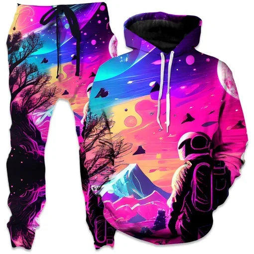 Colorful abstract mandala 3D print hoodie and sweatpants set for men, featuring vibrant designs in a comfortable outdoor tracksuit.
