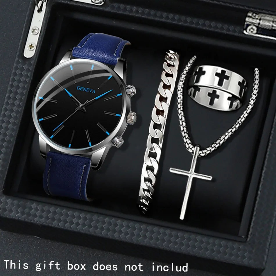 Set of four casual men's quartz watches with PU leather straps by Memories but Unique, ideal gift for men.