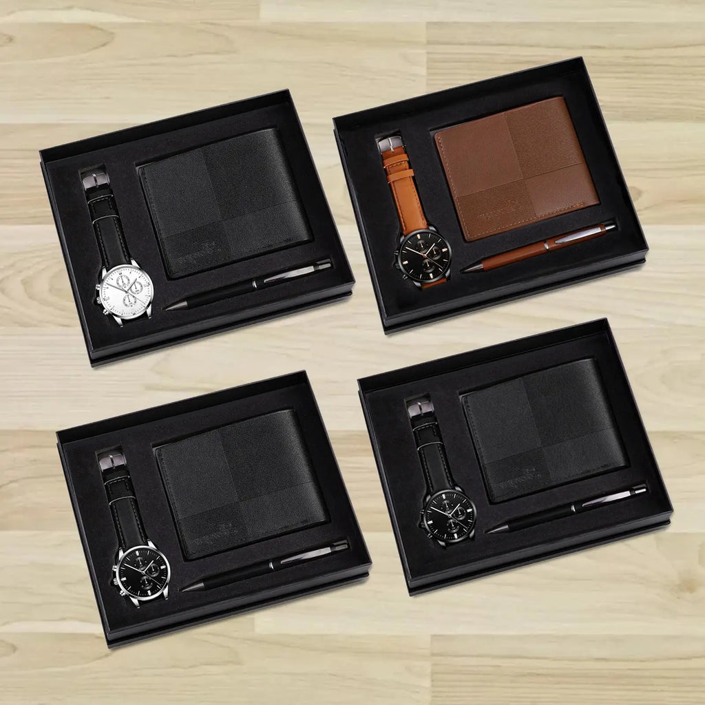 Men's gift set including a watch, wallet, and pen from Memories but unique, ideal for holidays, anniversaries, or Father's Day.