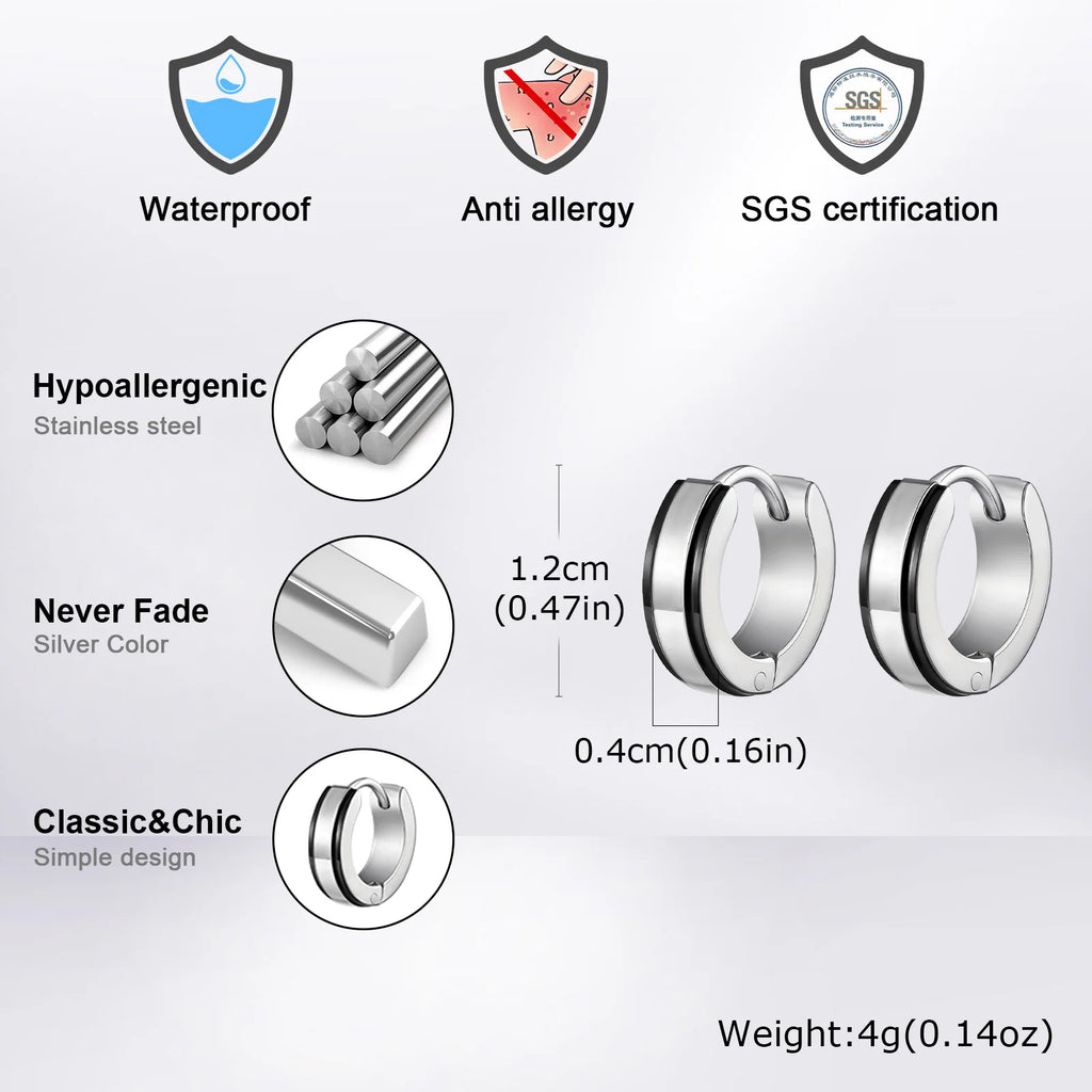 Simple men's stainless steel circle huggies hoop earrings, casual jewelry by Memories but Unique, featuring sleek, fade-resistant design.