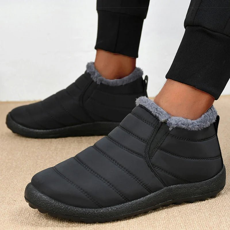 Men's waterproof winter ankle boots with fur lining, slip-on design, and casual style, ideal for snow and cold weather from Memories but Unique.