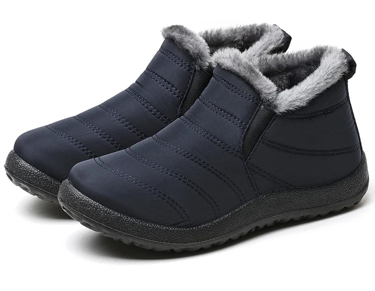 Men's waterproof winter ankle boots by Memories but Unique with fur lining, slip-on design, ideal for snow and cold weather.