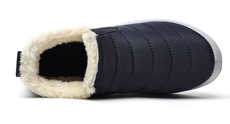 Men's waterproof slip-on winter boots with fur lining, ankle height, and snow-resistant soles for warmth and casual winter wear.