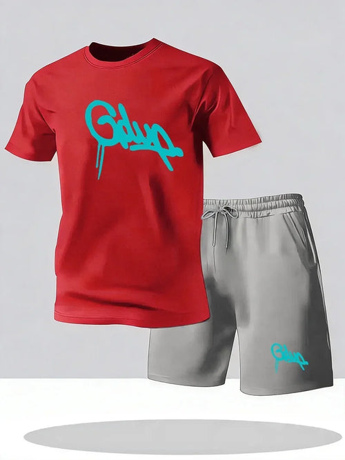 Men's casual sports shorts and T-shirt set by Memories but Unique, featuring breathable fabric and retro style in a relaxed fit.