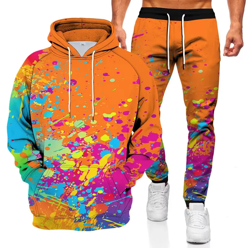 Ink graffiti style 3D printed autumn men's hoodie and sweatpants set, streetwear tracksuit by ShineOn Fulfillment.