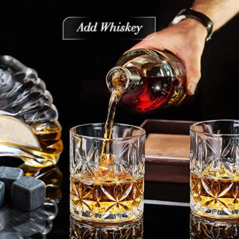 Memory but Unique Father's Day whiskey stones set with 8 granite ice cubes, 2 glasses, and a wooden box for whiskey gift.