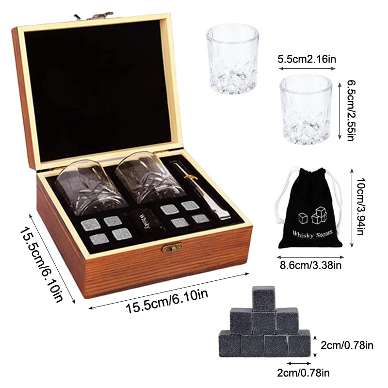 Set of 8 granite whiskey stones and 2 glasses in a wooden box, perfect for Father's Day gift for men by Memories but Unique.