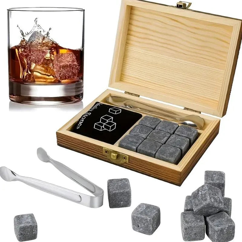 Set of 8 granite whiskey stones with 2 glasses in a wooden box, ideal for Father's Day gift for men by Memories but Unique.