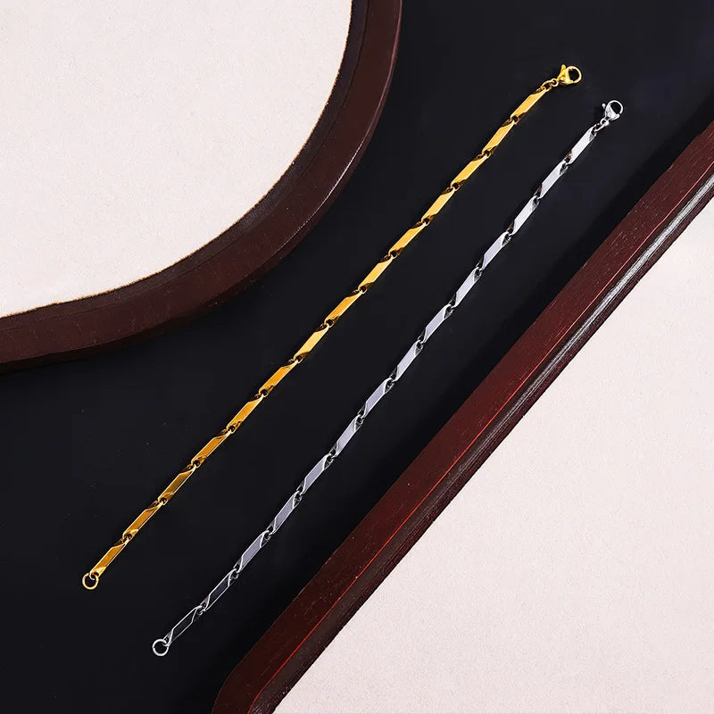 Mens geometric rhombus chain bracelet with stainless steel links, adjustable length, casual style, by Memories but Unique.