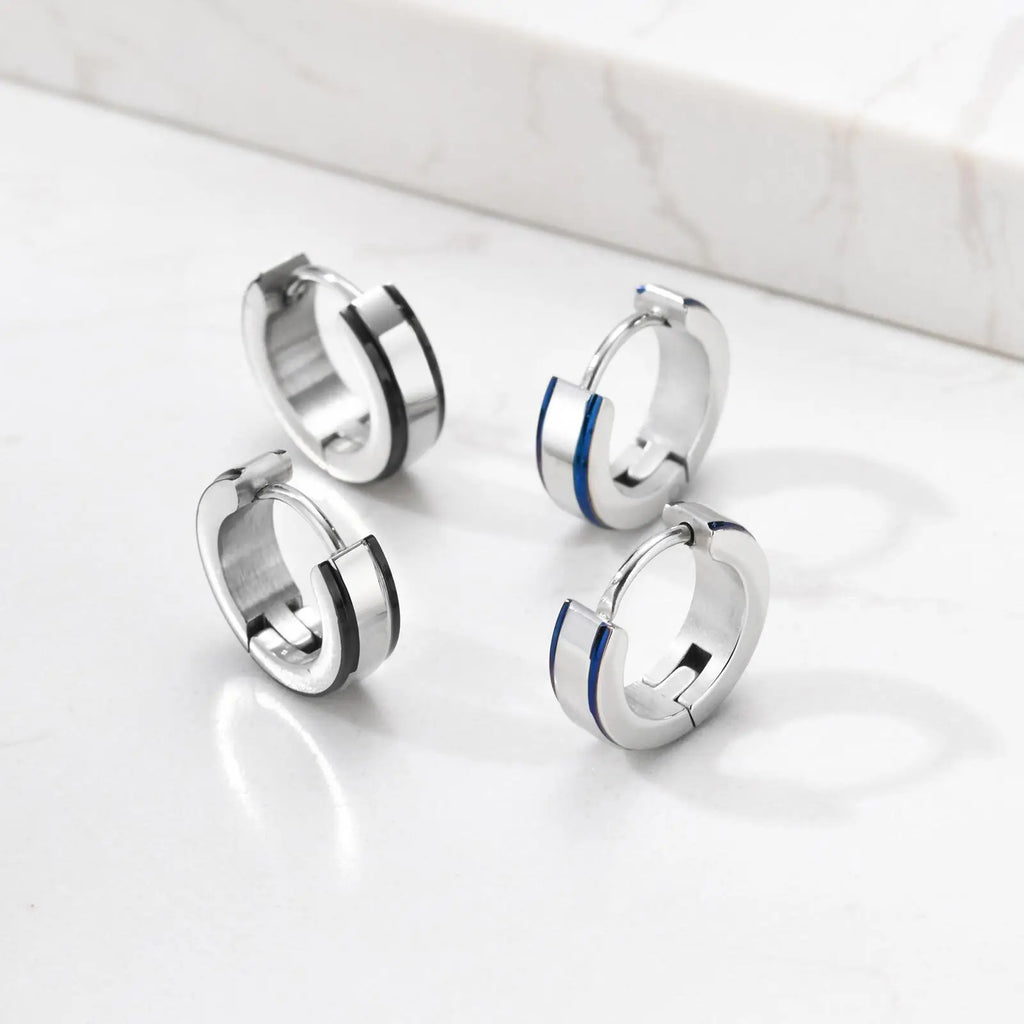 Simple men's stainless steel circle huggies earrings, casual jewelry with a sleek, modern design, by Memories but Unique.