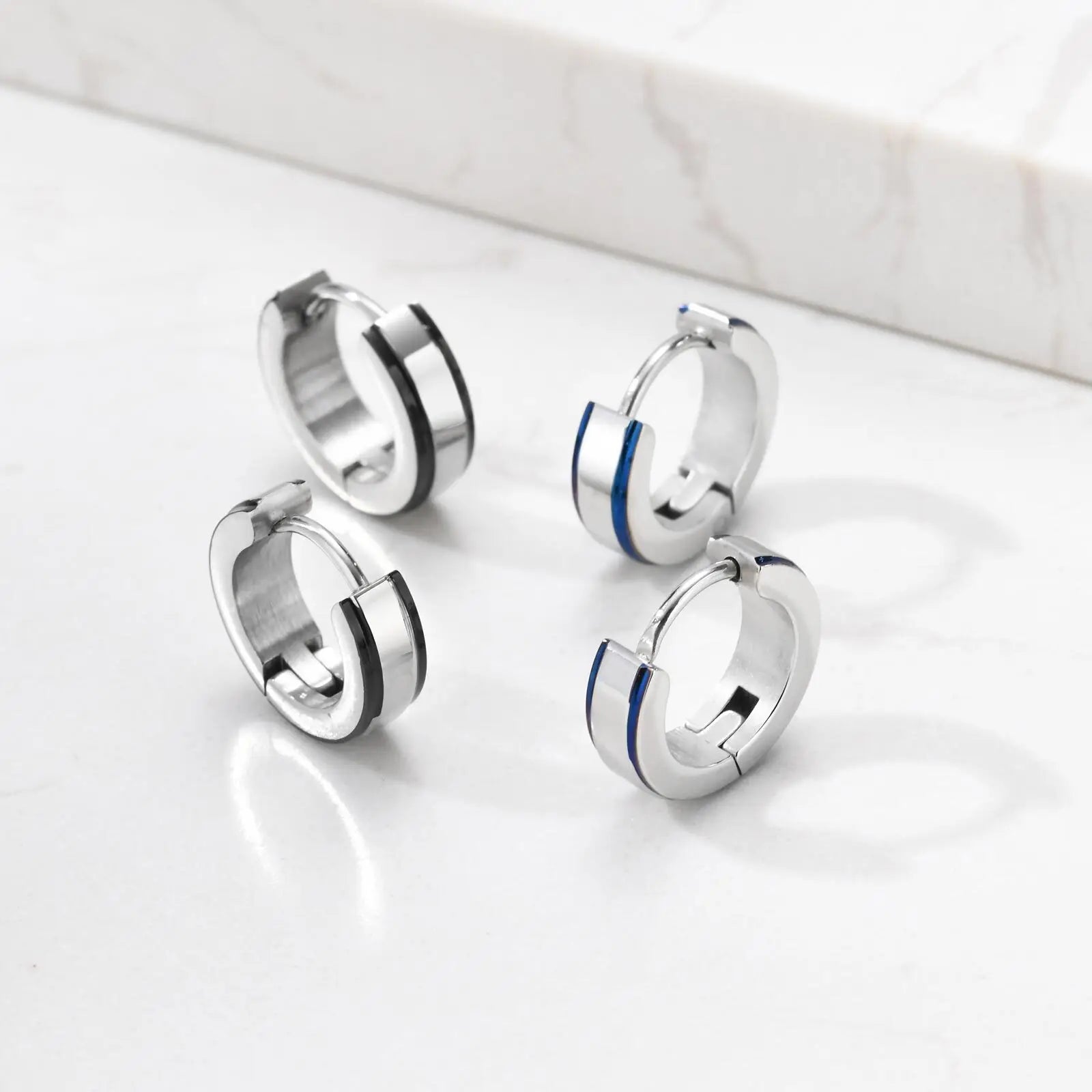 Simple men's stainless steel circle huggies earrings, casual jewelry with a sleek, modern design, by Memories but Unique.
