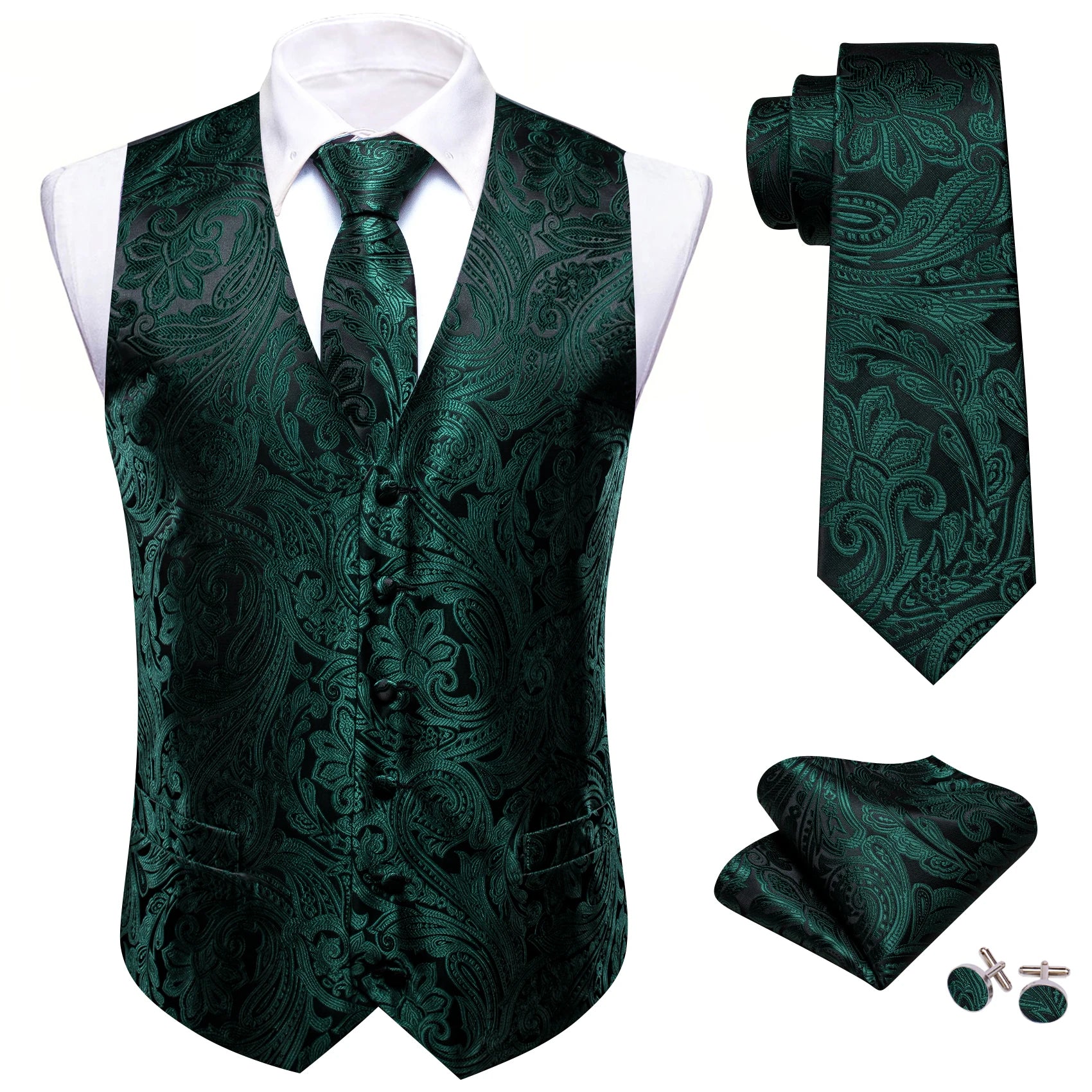 Barry.Wang 100-color silk men’s waistcoat set with paisley floral design, including tie, pocket square, cufflinks, and sleeveless jacket