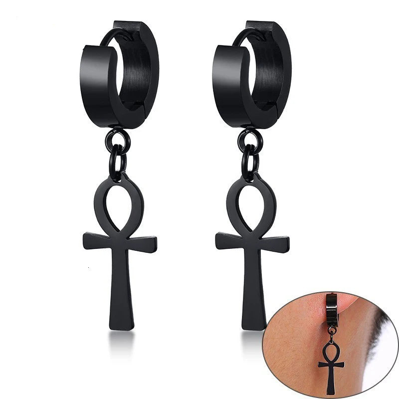 Men's and women's black stainless steel Ankh cross earrings with Egyptian Cleopatra design from Memories but Unique jewelry collection.