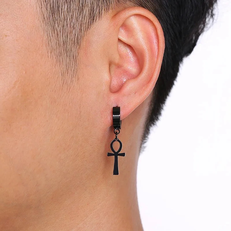 WKOUD men's Ankh cross earrings in antiqued black stainless steel with Egyptian Cleopatra design, unisex jewelry for women and men