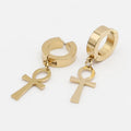 WKOUD men's and women's Ankh cross earrings in antiqued black stainless steel with Egyptian Cleopatra design and unisex style.