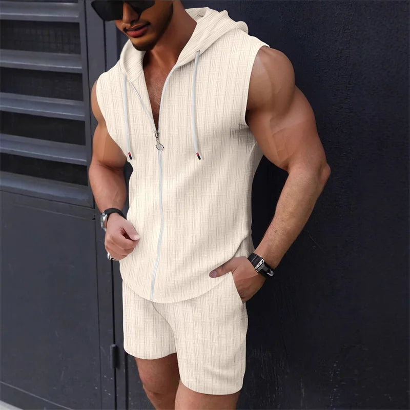 Men's sleeveless zipper plaid suit in five colors, casual sporty vest and shorts two-piece set, Slim fit, trendy fashion by ShineOn Fulfillment.
