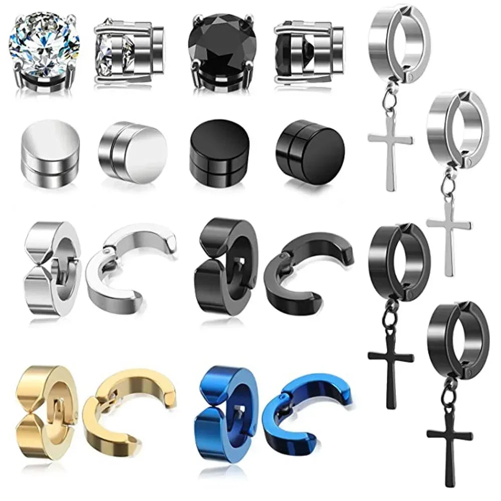 Set of two punk-style magnetic ear studs by Memories but Unique, featuring fake cross designs for men, non-piercing jewelry for boys