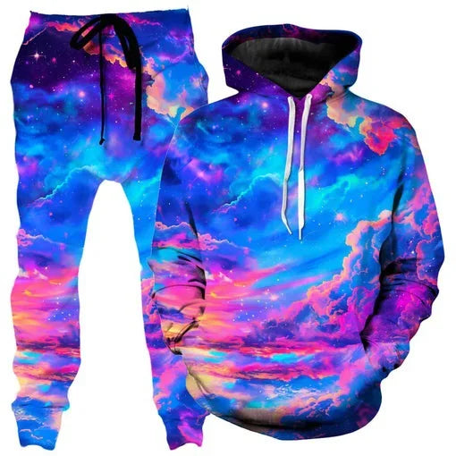 Colorful abstract mandala 3D print hoodie and sweatpants set for men, featuring vibrant designs from Memories but Unique.