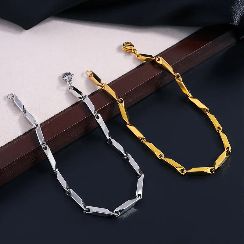 Mens geometric rhombus chain bracelet with stainless steel links, adjustable length, casual men's jewelry by Memories but Unique.
